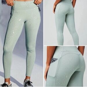 Fabletics Oasis High Waisted Sage Green Silver Sprinkle Sparkle Leggings XL New